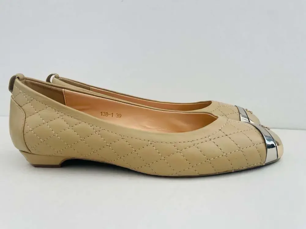 CHANEL Quilted Beige Lambskin Ballerinas Metal Cap Toe Flats Size 39 (Fits US 8.